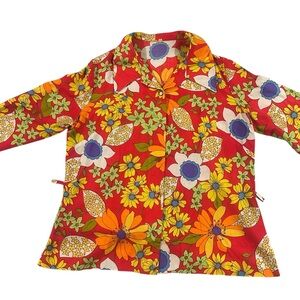 1970s Dagger Collar Graphic Floral Print Long Sleeve Button Down